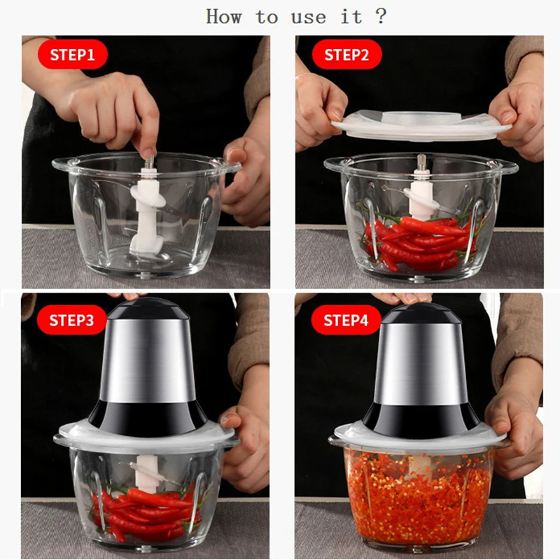 HIMOSKWA 1.2L Multifunctional Meat Grinder 220V Kitchen Electric Cutter Mixer Household Mincer Chopper Food Processor Glass Bowl 5