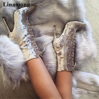 

2018 New Arrival Short Boots croos-tied suede material reflective unique chic thin high heels boots with zipper and lace-up