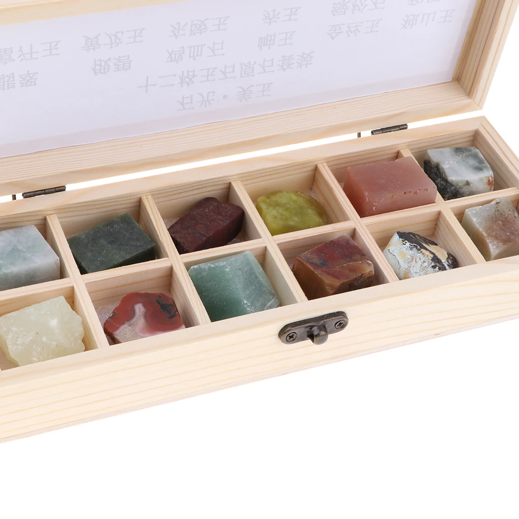 12pcs/ Box Educational Geology Science Kit - Rock and Mineral Collection Gemstones Jadeite Jade Specimens in Display Wooden Case