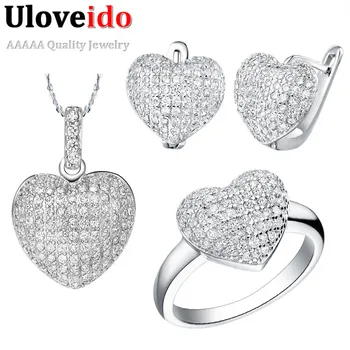

Wedding Jewelry Sets 2016 CZ Diamond Necklace Earrings Rings Suspension Engagement Jewelry Set for Brides Love Rhinestones T004