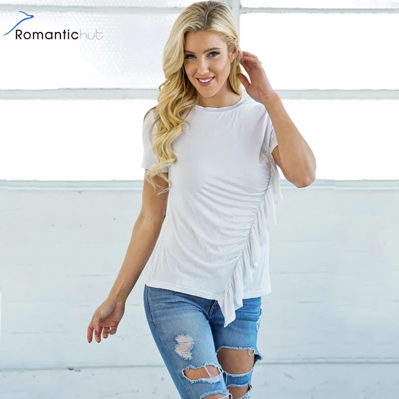 Romantichut слоистых салат Подол рюшами Trim Tee 2018 белый шею Slim Fit женщина Костюмы