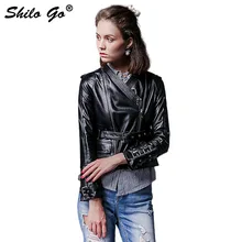 Шило GO кожаная куртка Женская Осенняя мода Овчина натуральная кожа пальто офис OL V образным вырезом заклепки кожаный ремень молния тонкий