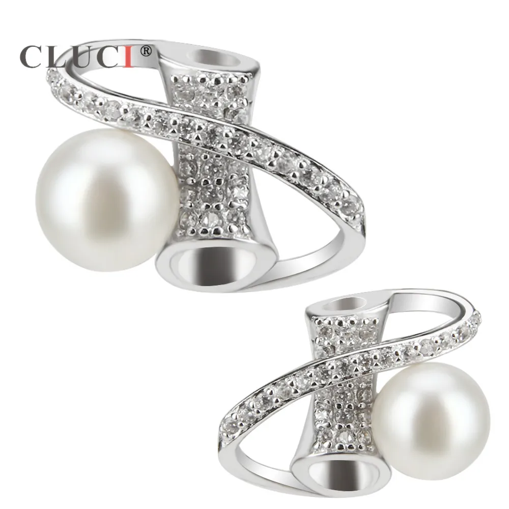 

CLUCI geometric design Stud Earrings for female 7 colors Pearls to choose Clear Zircons 925 Silver personality Jewelry