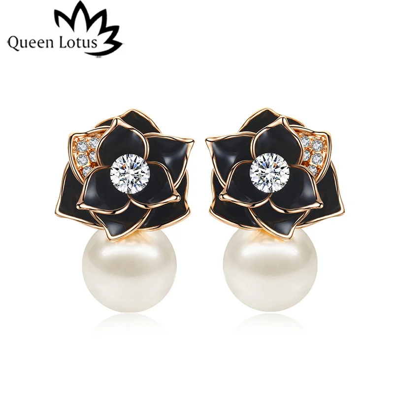 Женские сережки с цветами роз и жемчугом Queen Lotus вечерние