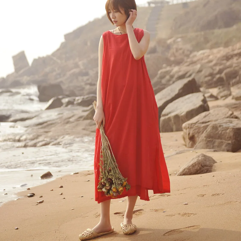 Red SCUWLINEN Vestidos Для женщин летнее платье без рукавов Drawstring двойной Слои длинные Хлопковое платье Повседневное Пляжные наряды P085 - Цвет: Red