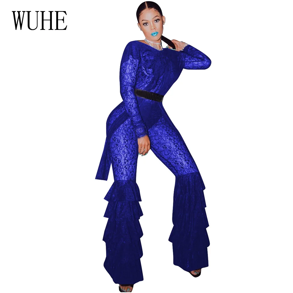 WUHE Women Sheer Long Sleeve Lace Jumpsuit Sexy See Through Multilayer Ruffles Bodycon Rompers Night Club Party Overalls