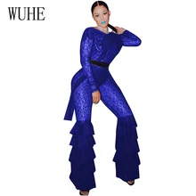 WUHE Women Sheer Long Sleeve Lace Jumpsuit Sexy See Through Multilayer Ruffles Bodycon Rompers Night Club Party Overalls