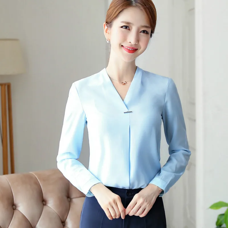 Spring and Autumn Korean Version of The Solid Color V-neck Blouse Fashion Long-sleeved Overalls Professional Women 2019 |