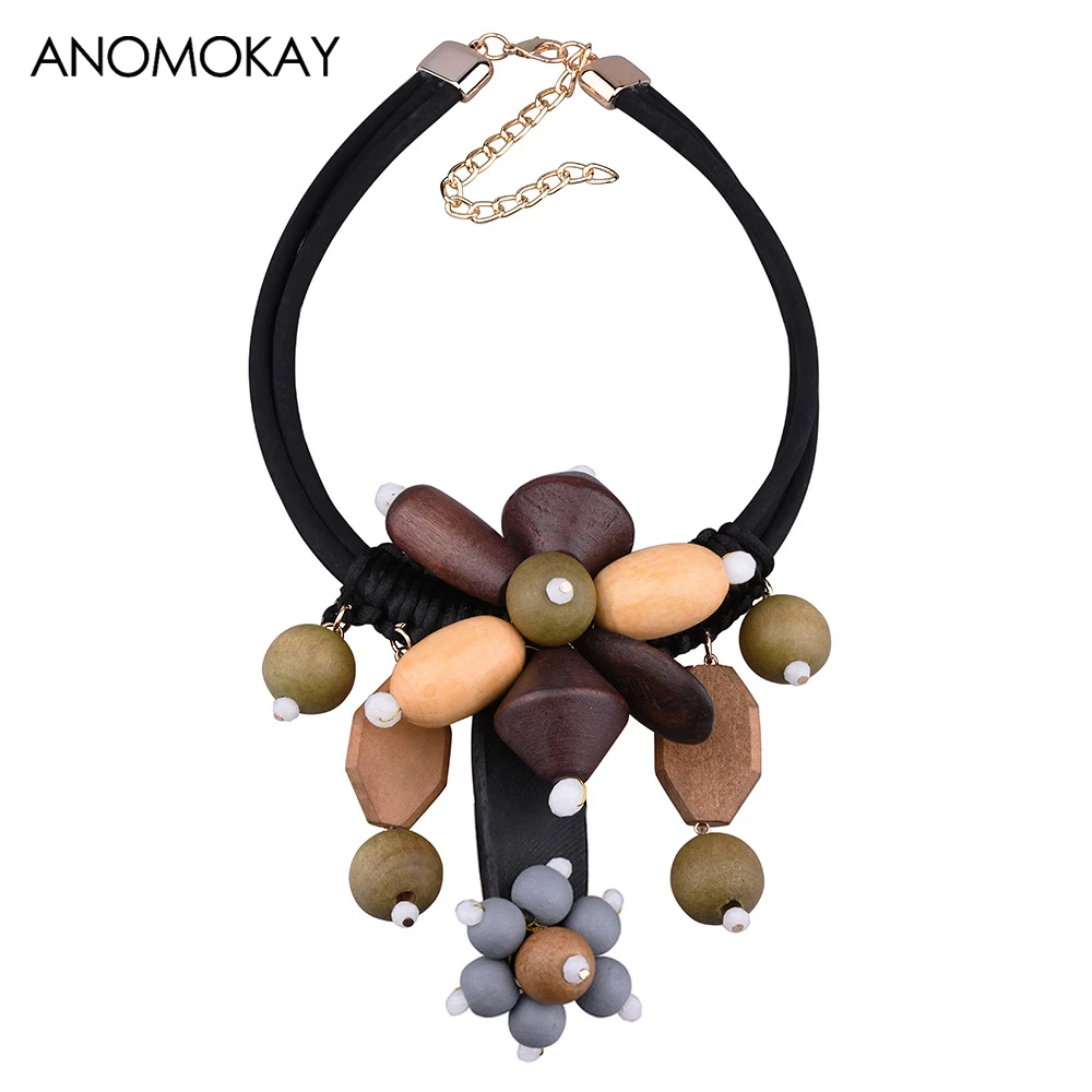 

ANOMOKAY Vintage Wood Beads Pendants Necklace Handmade Weave Leather Power Necklace