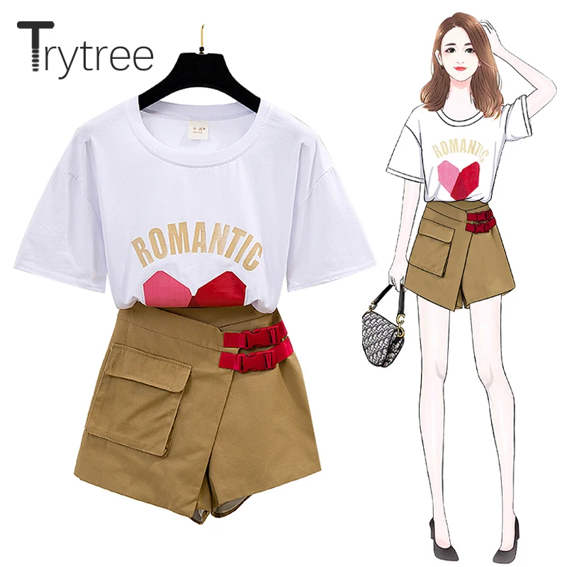 

Trytree Summer Women two piece Set Casual Cotton O-Neck Cartoon Print Tops + Shorts Pocket Buckle Fashion Suit Set 2 Piece Set