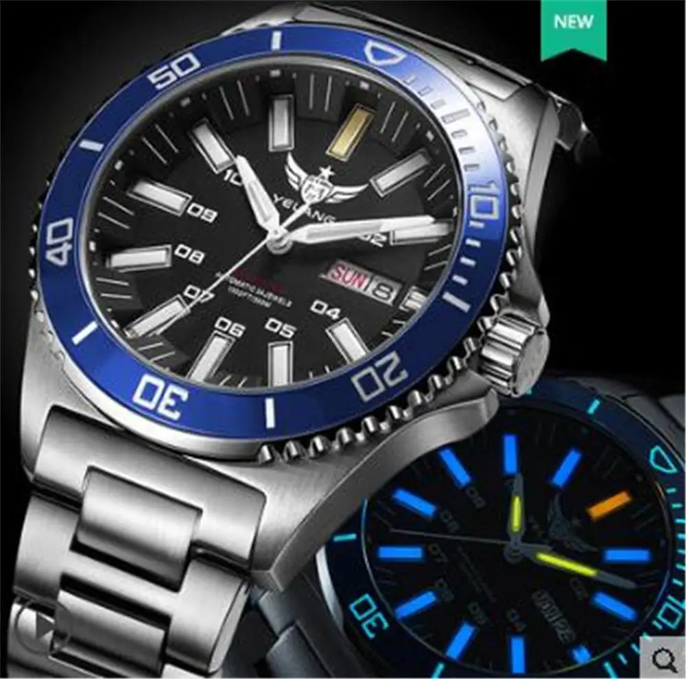 Yelang мужские часы Tritium T100 автоматические водонепроницаемые 300 м Япония TOP Move t 24Jewels