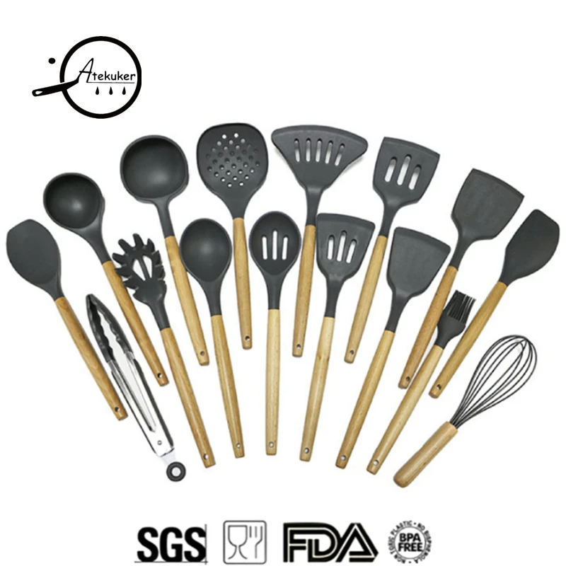

Atekuker 16Pcs Kitchenware Sets Wood Handle Silicone Cooking Utensils Spatula Ladle Scraper Spoon Brush Spaghetti Kitchen Tools