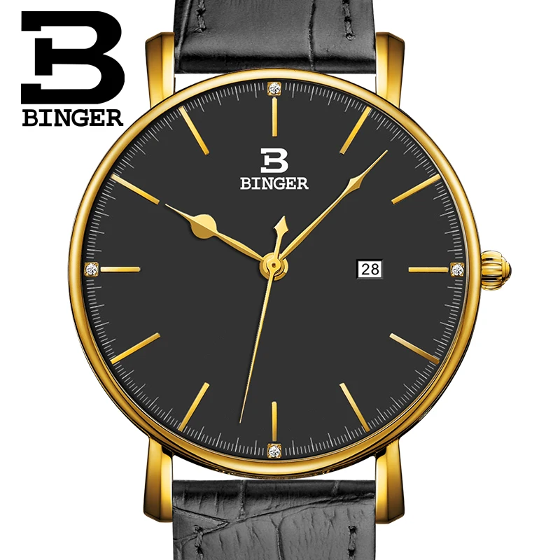Швейцария BINGER мужские часы люксовый бренд кварц кожаный ремешок ультратонкие Полный календарь Наручные часы Водонепроницаемый B3053M-5