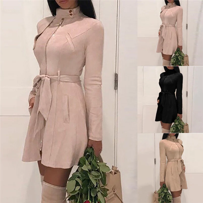 Women Coat 2018 New Hot Sale Fashion Casual Solid Turtleneck Zipper Bow Bandage Windbreaker Long Coat Outerwear Overcoat #O09 (1)