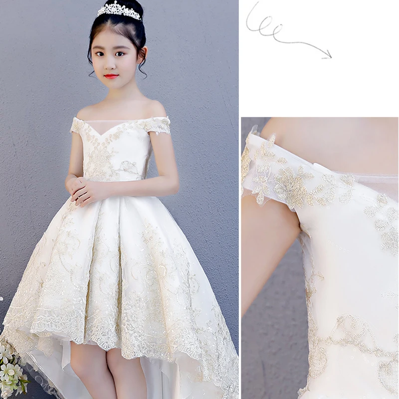 Детское бальное платье с аппликацией и открытыми плечами; Платья с цветочным узором для девочек; Свадебные платья; платья для первого причастия для девочек; E87