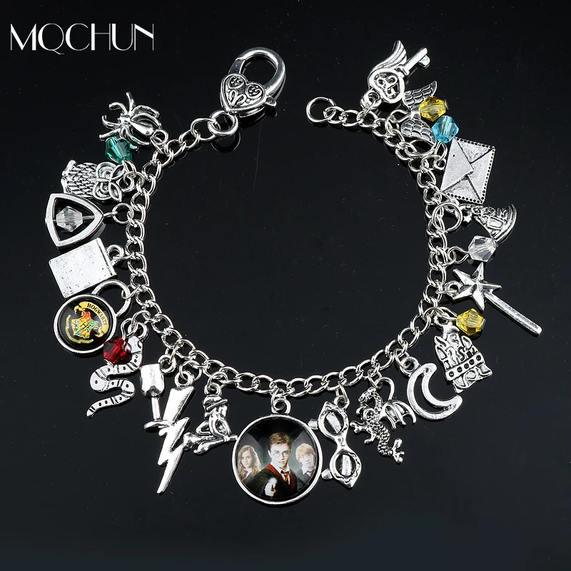 

MQCHUN Hot Sale Charm Bracelet Antique Brass Silver Snitch Lighting Dragon Lord Voldemort Deathly Horcrux Charms Bracelets Gift