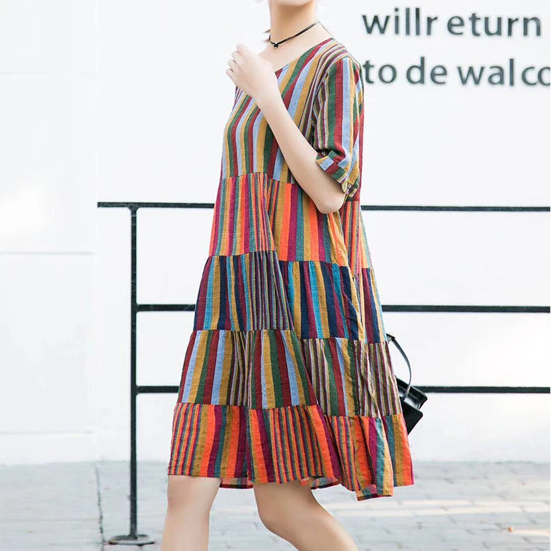 

2019 ZANZEA Summer Women O Neck Short Sleeve Striped Dress Splice Ruffles Loose Party Beach Vestido Plus Szie