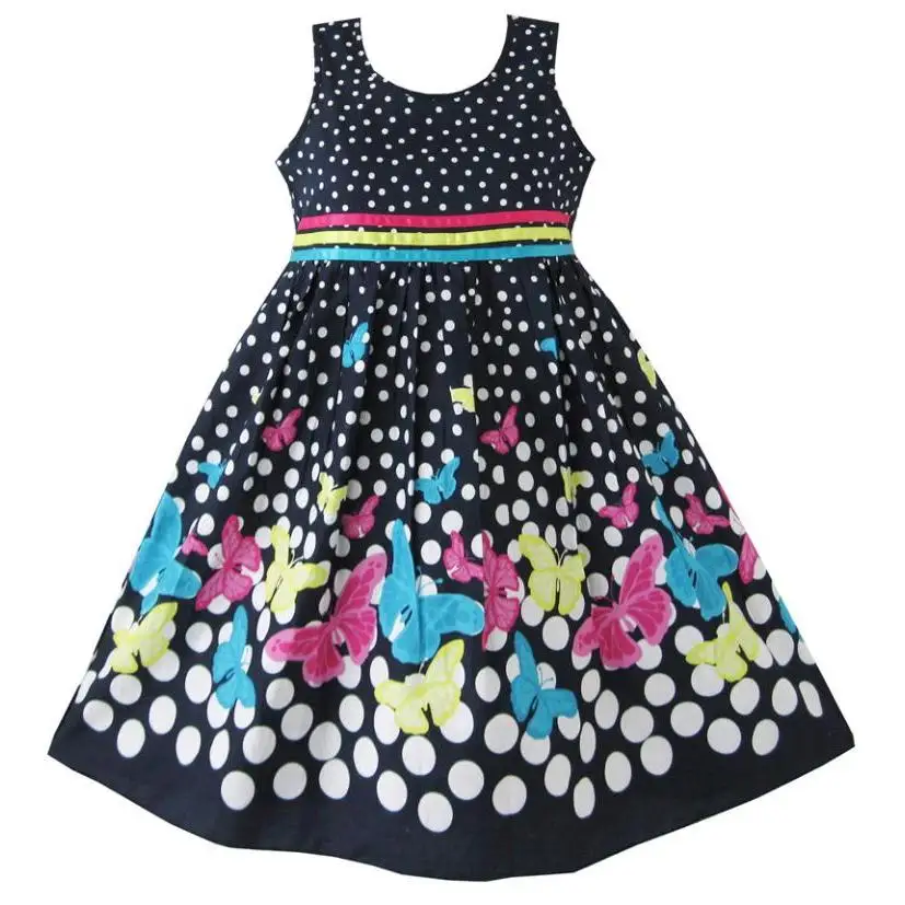Girls Dress Navy Blue Butterfly Party Princess Child Clothes Cotton