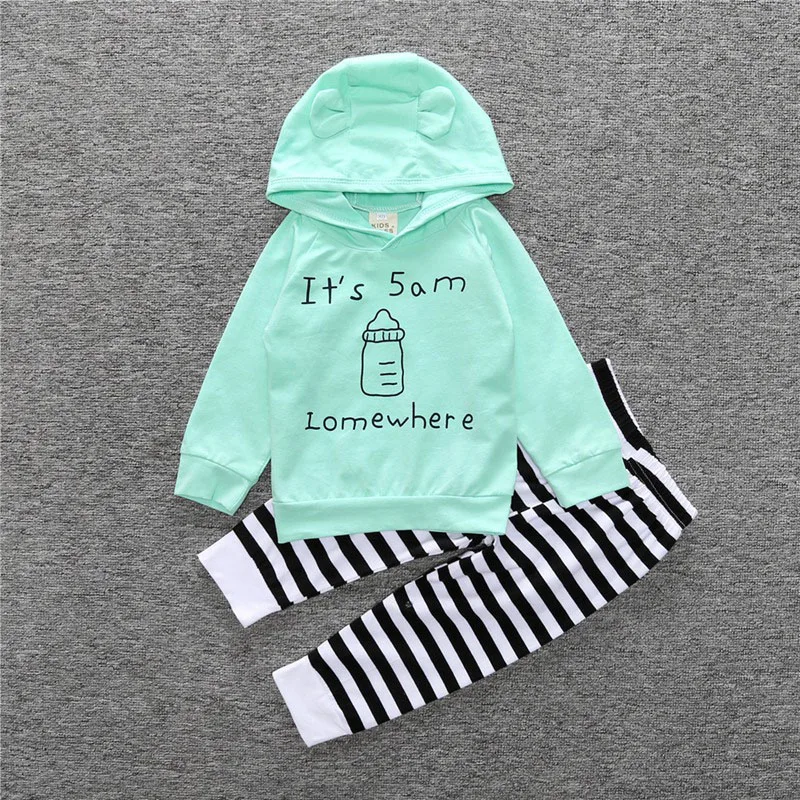 2pcs Newborn Baby Boy Girl Clothes Set Hooded Tops+Stripes Pants Cute Cotton Print Letters Hoodies Trousers Outwear bebek giyim