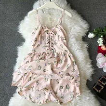 Printed Floral Lace Up Summer Playsuits Retro Daisy Flowers High-waist Suspender Beautiful Chiffon Rompers for 2019 Printed Floral Lace Up Summer Playsuits Retro Daisy Flowers High-waist Suspender Beautiful Chiffon Rompers for 2019
