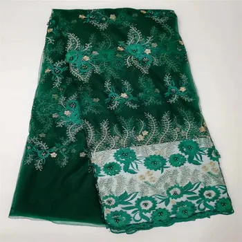 

African Tull Lace Fabric 3D Flower Fabric with beads High Quality Green Beaded Lace Fabric Fashion Wedding/Party dress HJ435-1