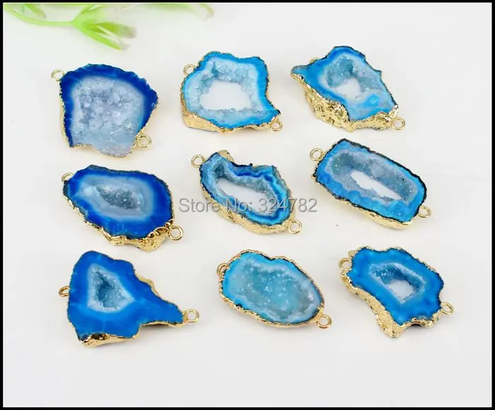 

5pcs Natural Blue Geode Slice Stone Connectors,Gold Metal Drusy Gem stone Connectors Beads,For Making Jewelry