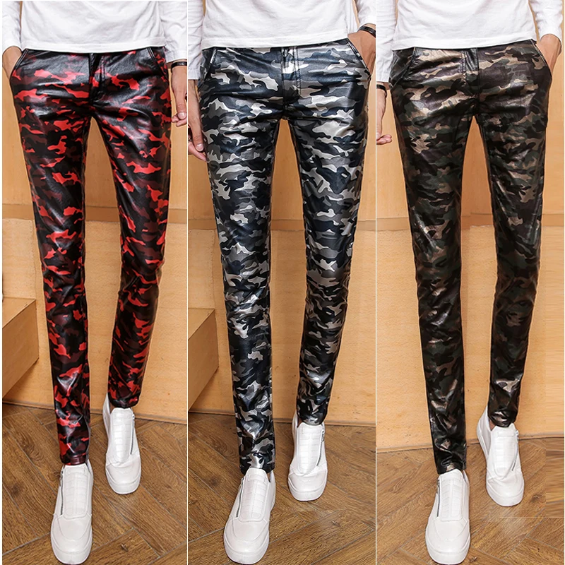 2016 New Arrive Men's Skinny Camo Leather Pants Casual Fashion