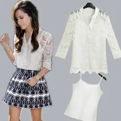 Модный комплект из 2 предметов, топы, белые кружевные летние блузки, Женская рабочая одежда, Офисная рубашка, Camisas Blusas Renda Femininas