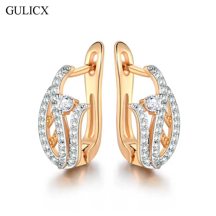 

GULICX Brand Fashion Pierced Ear Hoop Earring for Women Gold-color Earing Round Crystal CZ Wedding Jewelry E229