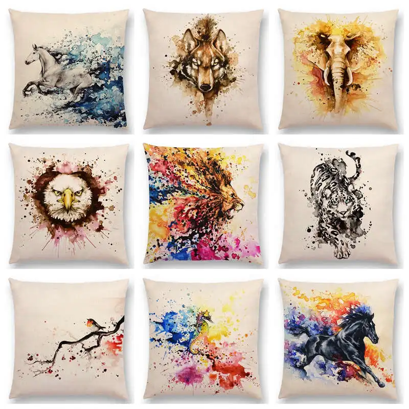 

Animals Watercolor Art Painting Fine Horse Eagle Wolf Lion Leopard Tiger Elephant Birds Cushion Cover Sofa Throw Pillow Case