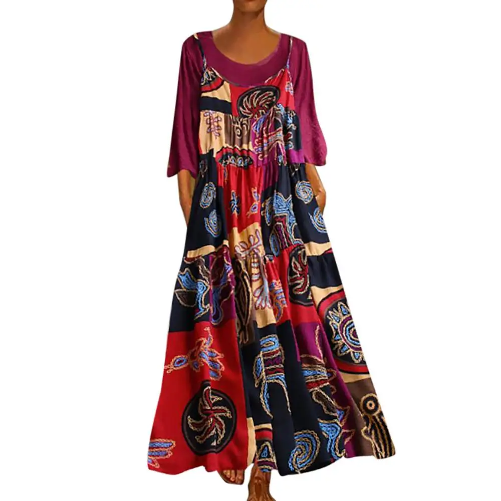 

5XL Women Plus Size Vintage Maxi Dress loose summer 2019 Patchwork Two-piece O-Neck Wrist Print dresses vestidos verano