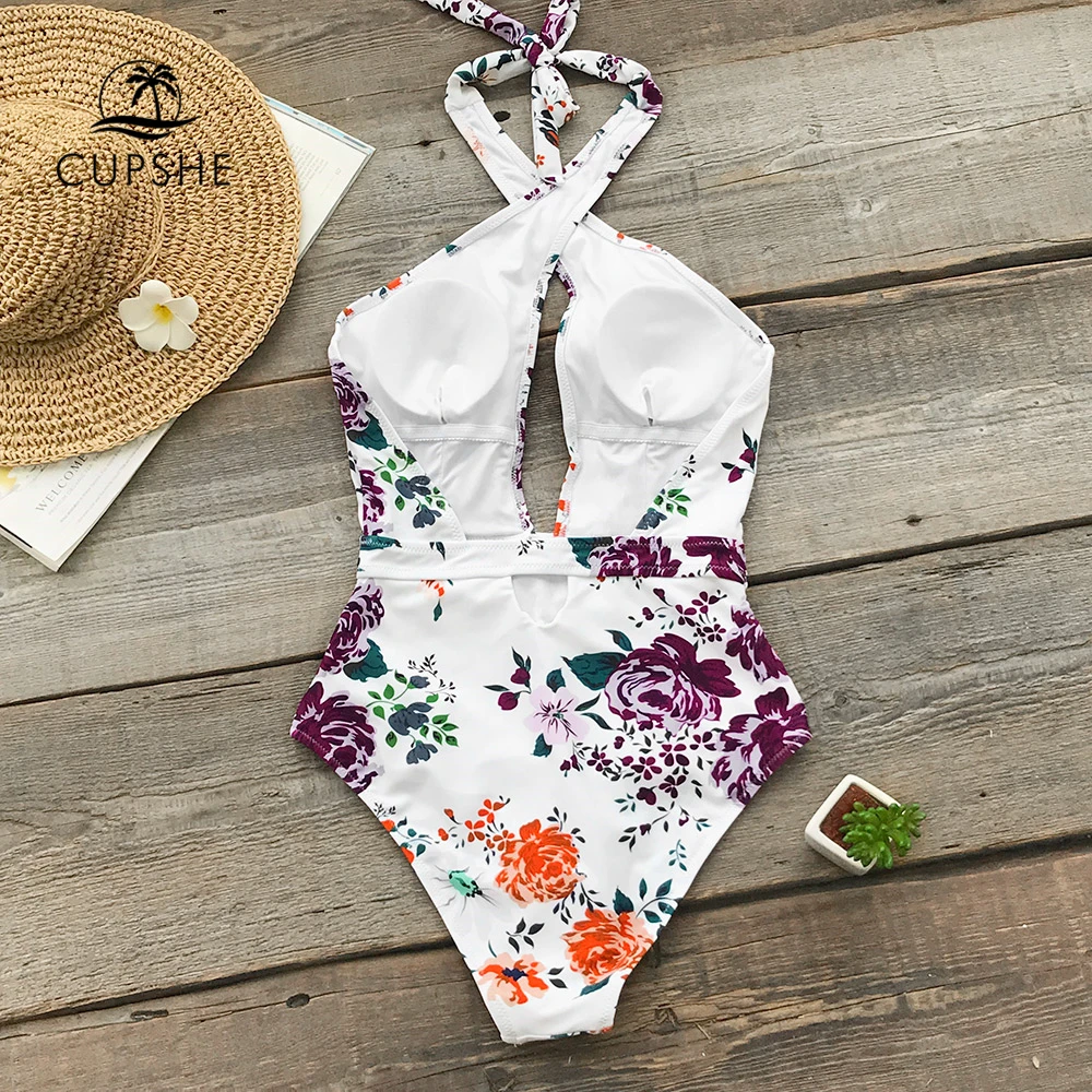 Online CUPSHE Floral Print Geraffte Halter One Stück Badeanzug Frauen Kreuz Ausschnitt Monokini Bademode 2020 Mädchen Strand Badeanzüge