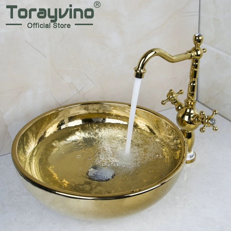 Torayvino роскошный кран для ванной комнаты круглая Золотая Чаша раковины умывальник