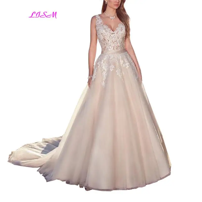 Elegant Light Champagne V Neck Beach Wedding Dresses Lace