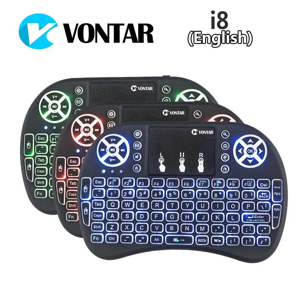 VONTAR i8+ 2,4 ГГц мини беспроводная клавиатура, 7 цветов, воздушная мышь с подсветкой, английский, русский, испанский, для Android tv Box, ноутбук, ПК, X96mini