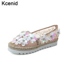 Kcenid/ г. весенний модный дышащий сетчатый женский лоферы на плоской платформе с пеньковой веревкой обувь со стразами и цветами женские мокасины