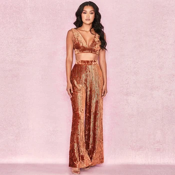 

New Fashion Summer Hot Sale Velvet 2 Piece Set Jumpsuit Top Quality V Neck Design Party Women Jumpsuits Show Clothing Wholesale