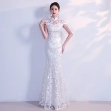 Белое Элегантное свадебное платье невесты Плюс Размер 3XL Vestidso Русалка сексуальные женские Cheongsam кружева элегантный китайский воротник Qipao