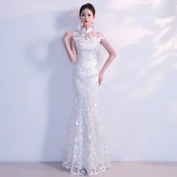 Белое Элегантное свадебное платье невесты Плюс Размер 3XL Vestidso Русалка сексуальные женские Cheongsam кружева элегантный китайский воротник Qipao