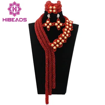 

Gold Seed Bead Flower Handmade Crystal Necklace Red Floral Nigerian Wedding African Beads Jewelry Set Free Shipping WD321