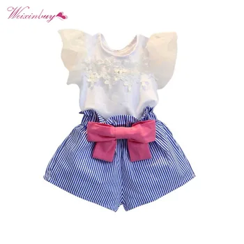 

Children's Girls Clothes Sets Sweet Lace Ruffle Sleeve Tops T-Shirt + Bow Striped Shorts Suit Kids Clothing 2-7 Years