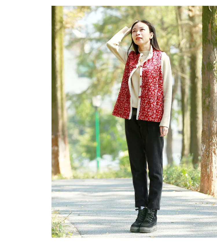 LZJN винтажный жилет женский жилет осень зима китайский стиль куртка без рукавов цветочный принт красные флисовые жилеты пальто из искусственного меха
