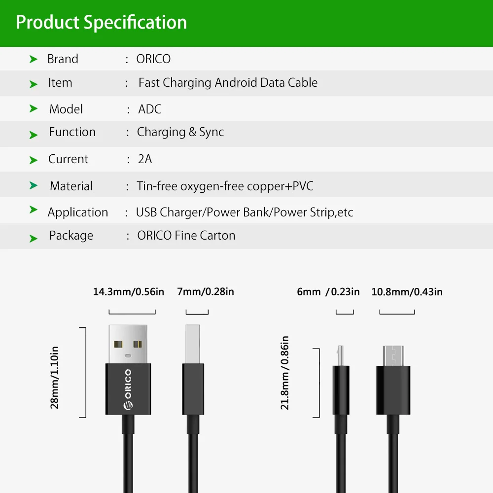 ORICO Micro USB кабель USB 2,0 кабель для быстрой синхронизации данных и зарядки для смартфонов samsung Galaxy Xiaomi HuaWei htc LG и других