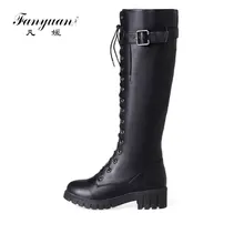 Fanyuan/новинка года; дизайнерские женские сапоги до колена в байкерском стиле на низком квадратном каблуке; обувь на шнуровке в готическом стиле в стиле панк; Siz