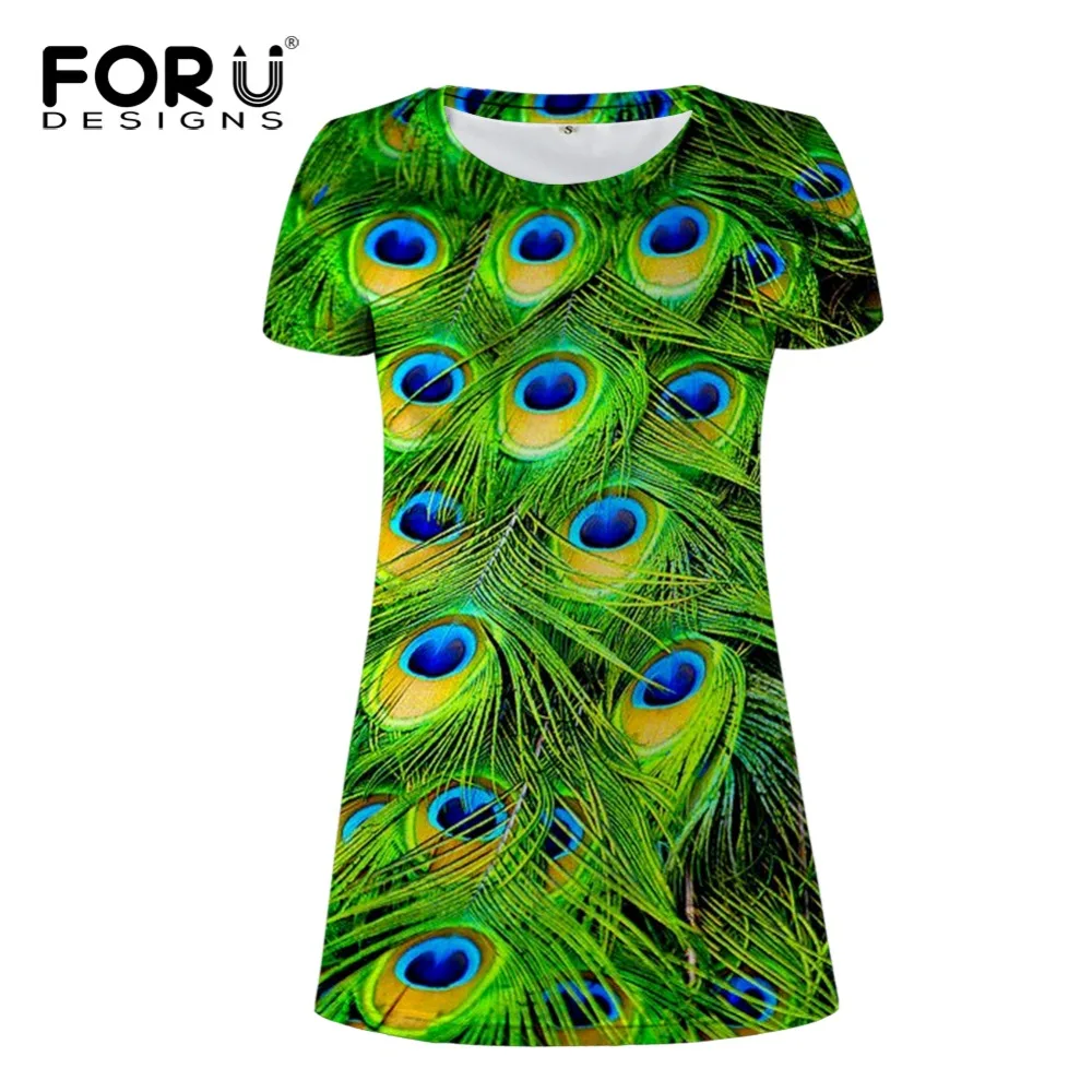 FORUDESIGNS Women Dresses 3D Peacock Plume Summer Casual Short Dress Cool Design Ladies Pencil Dress Slim
