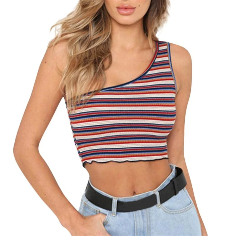 CHAMSGEND Women's Sexy Strapless Striped Irregular Sleeveless Short