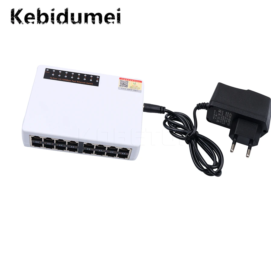

Kebidumei 16 Ports 10/100Mbps Network Switch Fast Ethernet LAN RJ45 Vlan Hub Desktop PC Switcher with EU/US Adapter Black