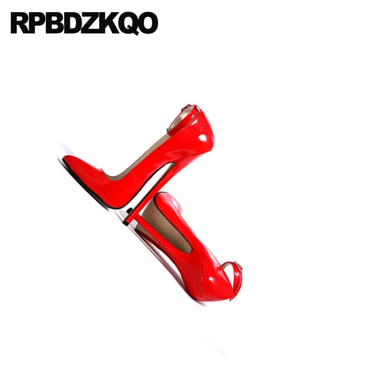 Fetish Sexy Ankle Strap Shoes Women Red High Heels 16cm Stilettos Patent Leather Crossdresser Big Size 13 45 Pumps Pointed Toe