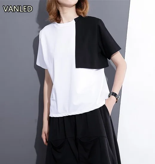 

Summer Color Patchwork Women Loose T-shirt Female Short Sleeve Color Spliced Tee