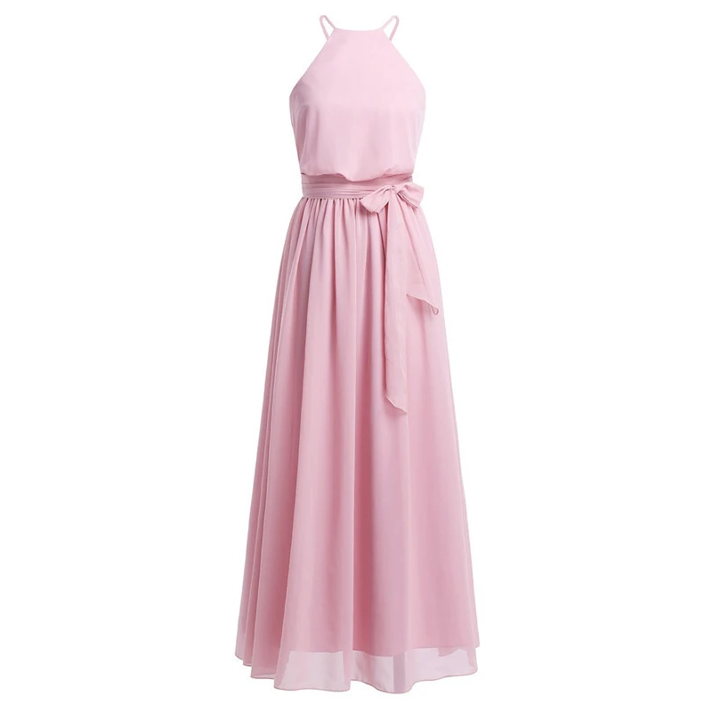 Vestido de Dama de Honra Festa de Casamento sem Mangas Vestido de Baile de Formatura Vestido de Comprimento Mulheres Senhoras Elegante Chiffon Longo Halter Completo 25 Cheap Vestidos de Madrinhas